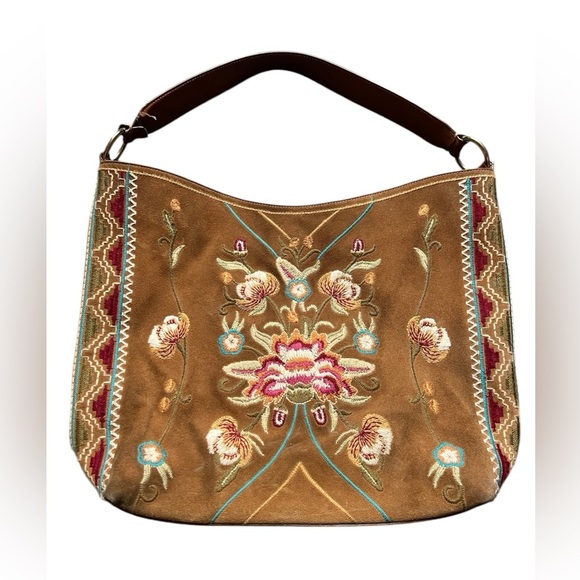 Johnny Was Embroidered hobo HANDBAG 9” leather shoulder strap brass accent - Picture 1 of 10